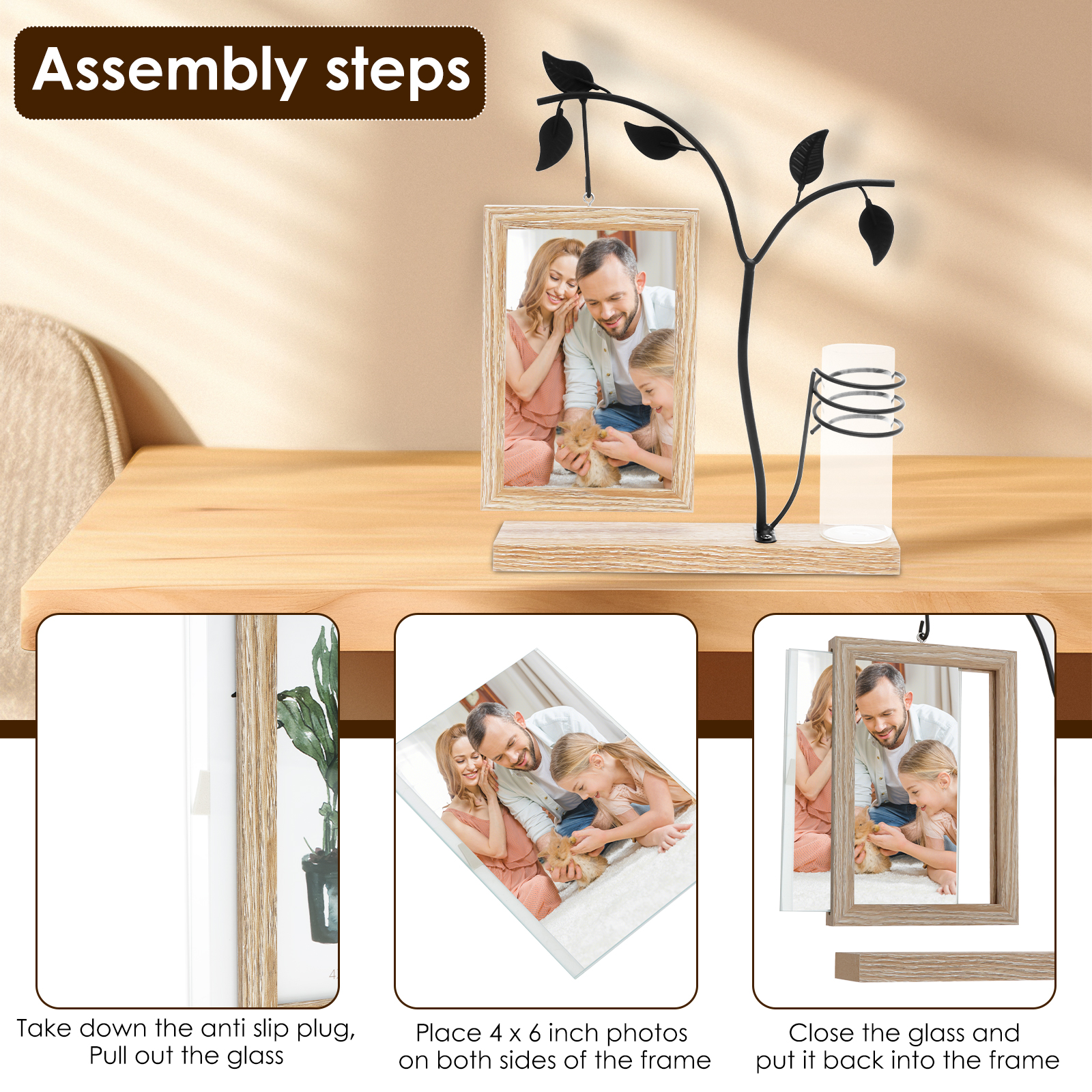 Art Frames 4X6 Fotolijst Ingelijste foto Dubbelzijdig Woondecoratie Opbergrek met standaard en glazen vaas voor bloemenplanten
