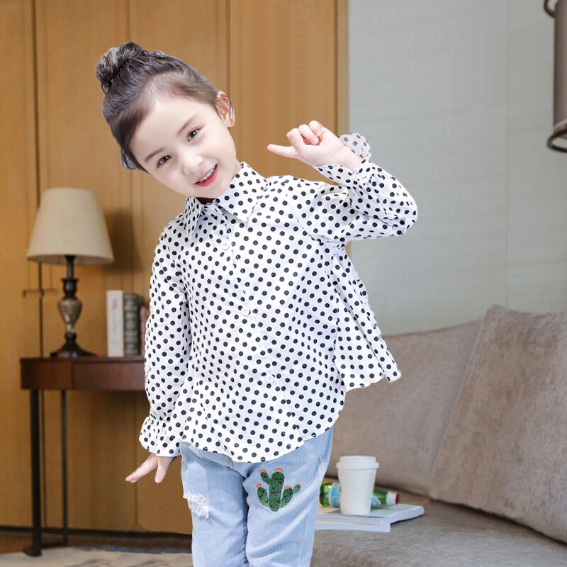 Blusa de manga larga con estampado de puntos para niñas de primavera, camisetas con lazo para niñas de chico y bebé, camisetas para niños de otoño, dulce camisa suelta, ropa A08