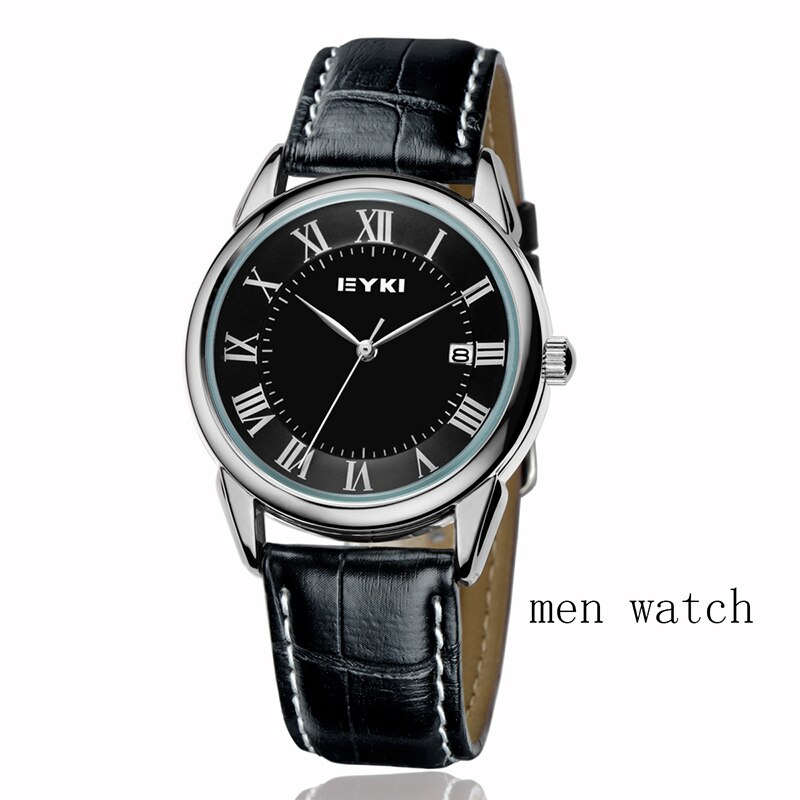 EYKI Paar Horloges Vrouwen Kalender Grote Wijzerplaat Quartz Horloge Mannen Lederen PU Waterdicht Horloge Klok Relogio Reloj: men black watch