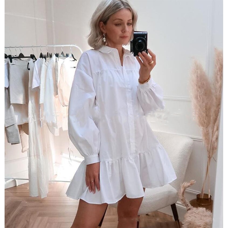 Vestido corto informal de manga larga para otoño, minivestido blanco con volantes para mujer, botones, cuello vuelto