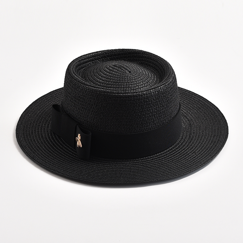 Sombreros de paja para mujer, sombrero de paja redondo con superficie irregular, Top plano con lazo, vestido, Gorra de viaje para playa, novedad de primavera y verano: Negro