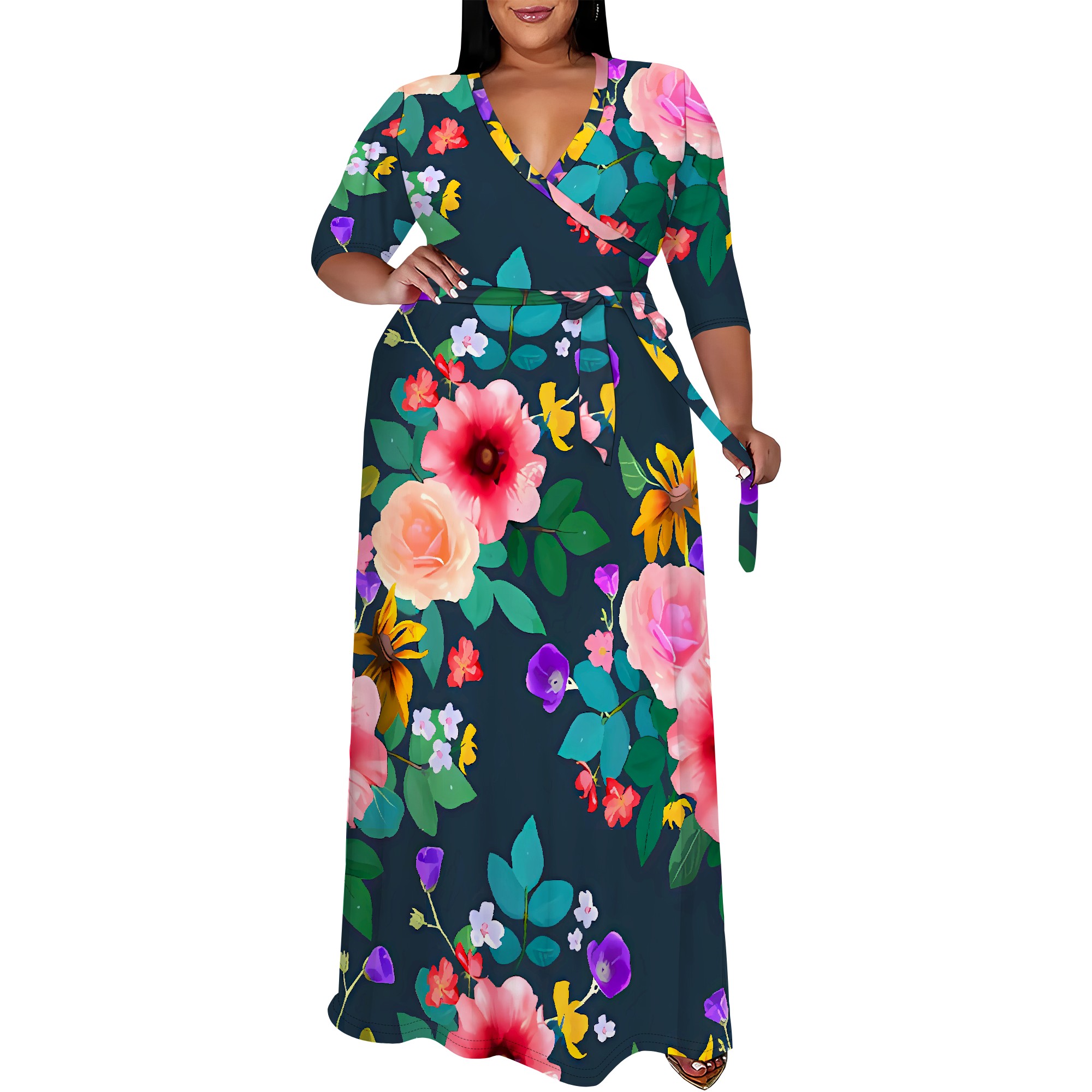 Plus size vit blommig maxiklänning röd pionmönstrad v-ringad omlottklänning fest semesterstil