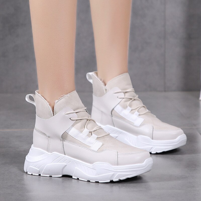 Kvinde sko leopard læder varm plys vinter høj top dame sko snøre chunky platform sneakers ruskind tyk bund sneakers