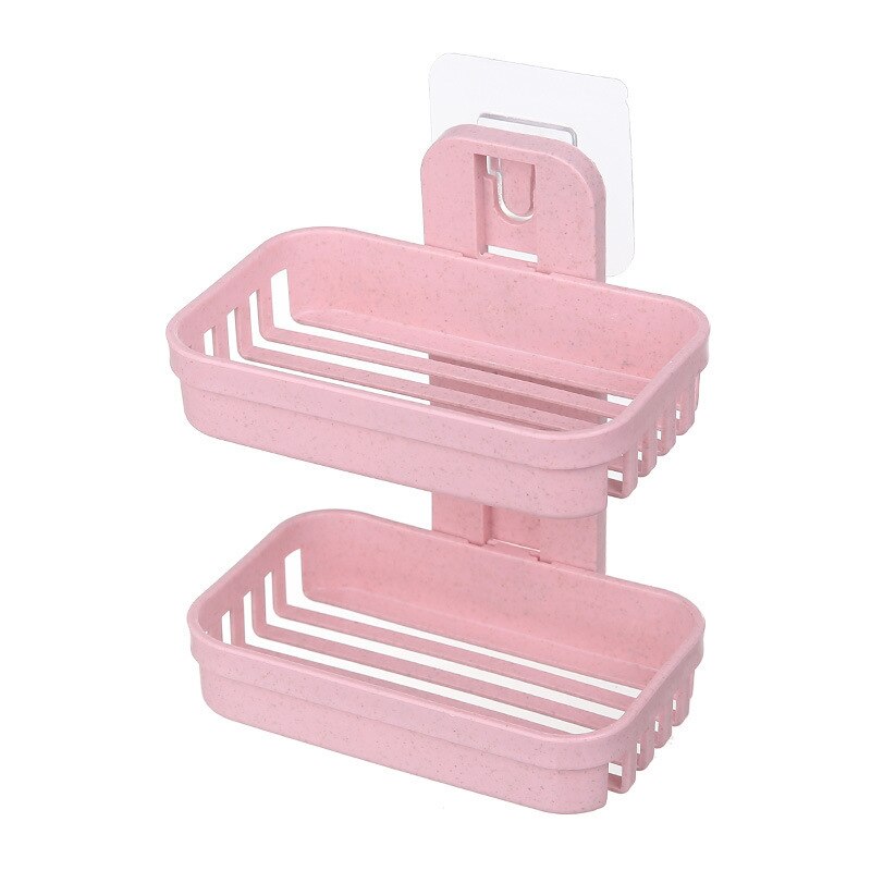 Soporte de plástico con ventosa para el baño, soporte de pared de doble cubierta, drenaje , almacenamiento de jabón, bastidores dobles, novedad: Pink