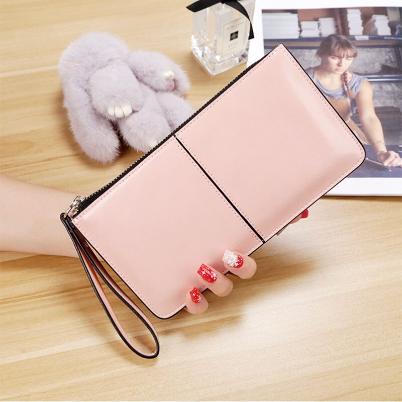 Cartera de piel aceitado de caramelo para mujer de largo, bolso de mano de día para mujer, monedero de señora, bolso de mano Carteira: E Pink