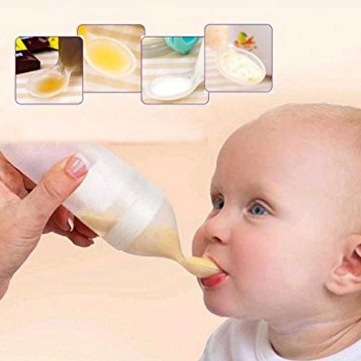 Siliconen Squeeze Babyvoeding Fles W/Lepel Spenen Voedsel Granen Baby 90Ml