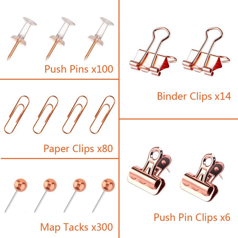 Push Pins Binder Clips Paper Clips Map Tacks Sets, 5 Styles 500 Pcs Rose Gold Pack for Office, School and Home Supplies