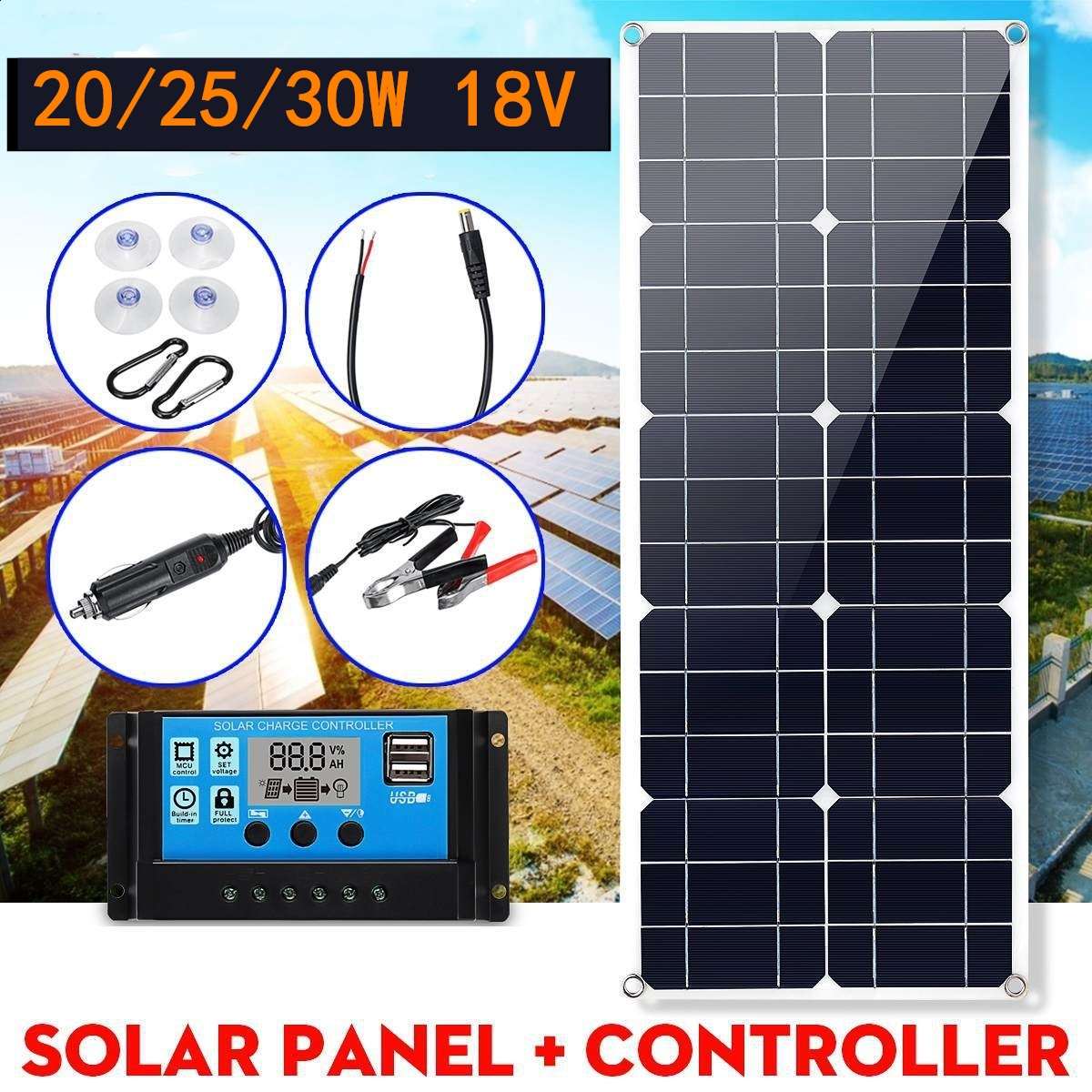 18v 20w/25w/30w solcelleoplader solbatteri 10a controller monokrystallinsk alligator klip usb bil udendørs blysyre dej