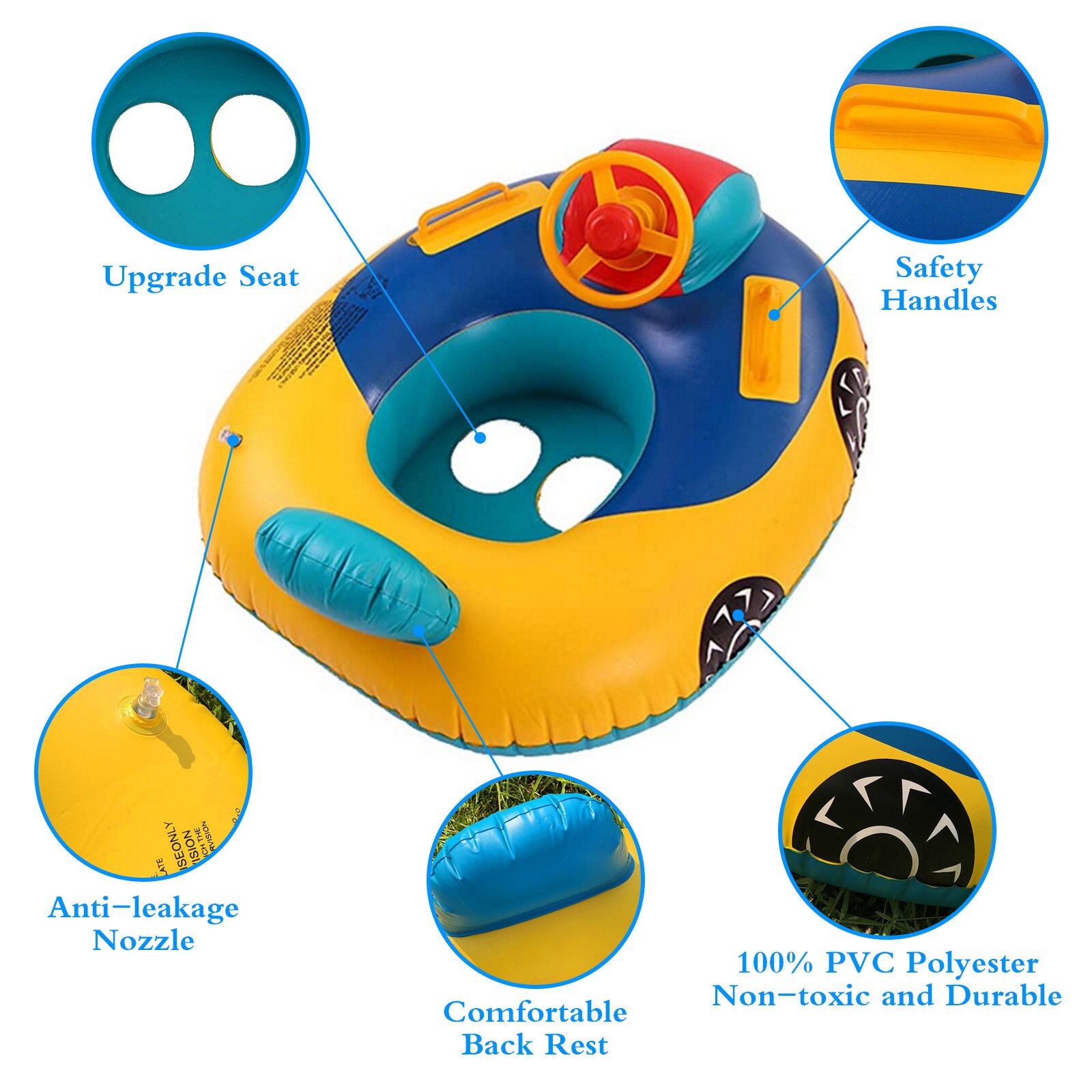Asiento inflable de coche de dibujos animados para niños, flotador de anillo de natación con asas para volante, piscina tina de baño
