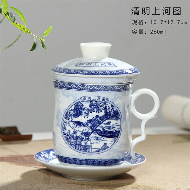 Retro kinesisk blå hvid porcelæn te kop sæt med underkoplåg infuser 260ml keramiske tekop med te filter: 09