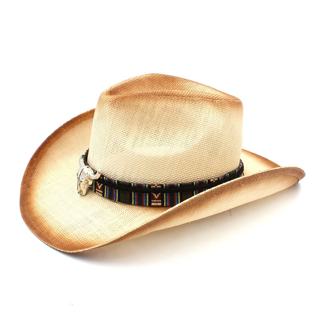 Stro cowboyhoed voor dames en heren met bohemian stierenhoofdband voor dames en vaders, western sombrero hombre cowgirl jazz petten maat 58cm