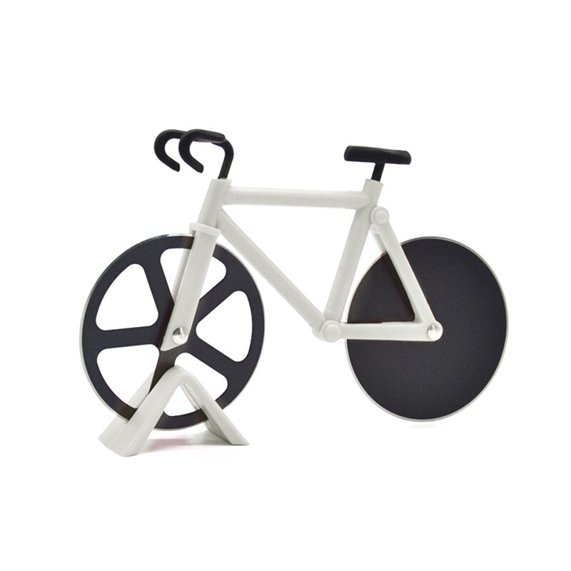 Stainless Steel Kitchen Pizza Tool Bike Pizza Cutter Knives Non-stick Two-wheel Bicycle Shape Pizza Cutting Knife With Holder: White