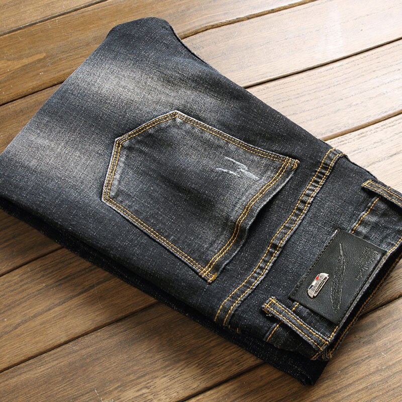 Mannen Zwart En Grijs Gescheurde Jeans Lente Mode Regular Fit Stretch Jeans Mannelijke Broek
