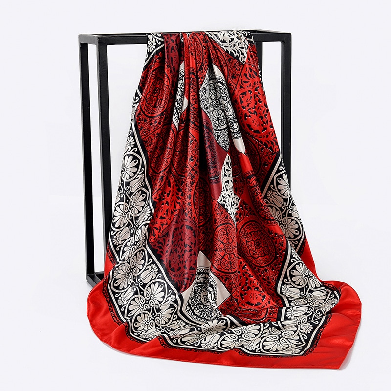 Silke satin sjal kvinnor hår halsduk rosa hhaki tryck hijab scarfs fyrkantiga sjalar och omslag halsdukar för dam 90*90cm: Röd