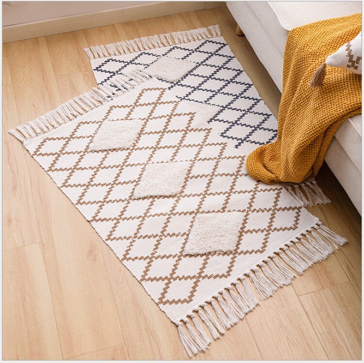 Alfombra con borlas de color azul marino marroquí, alfombra geométrica de algodón para puerta, Charpet, alfombra, alfombrillas para cocina, dormitorio, bar, 60x90cm