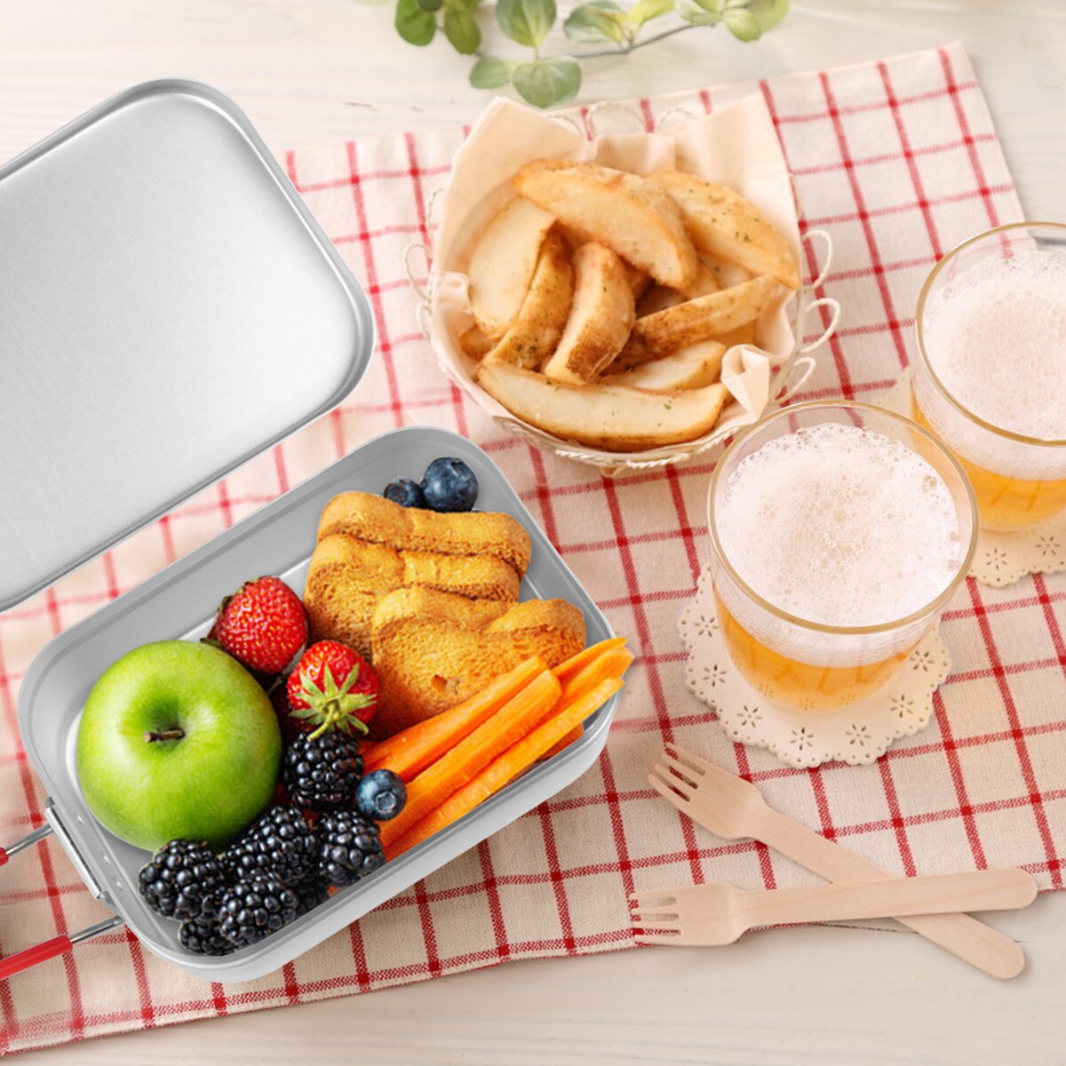 Aluminum Lunch Box With Red Folding Handle Portable Bento Box Mini Food Container for School Office Camping