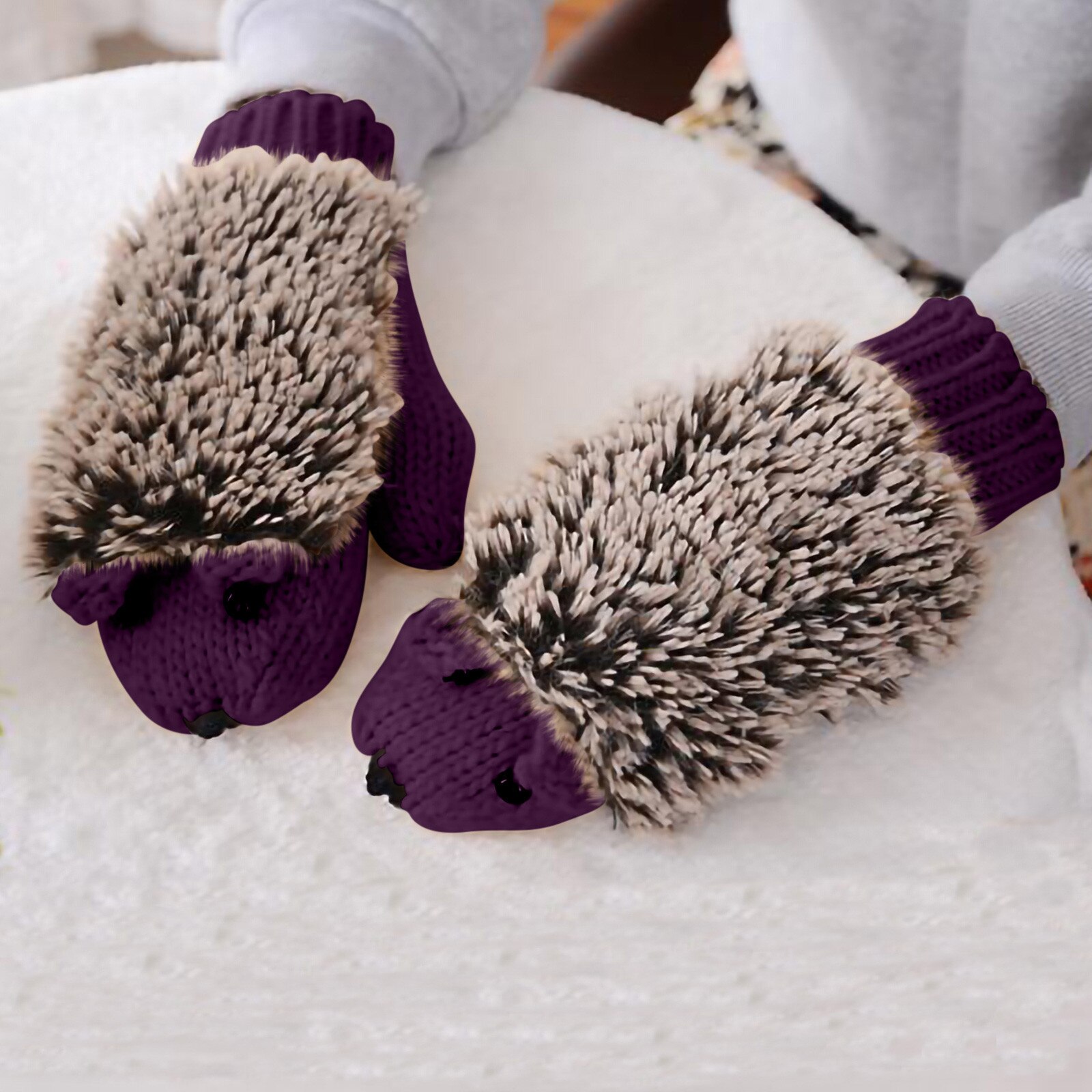 Winter Gloves Women Cartoon Hedgehog Wool Double Layer Thermal Mittens Full Finger Weave Gloves Перчатки Женские: Purple 