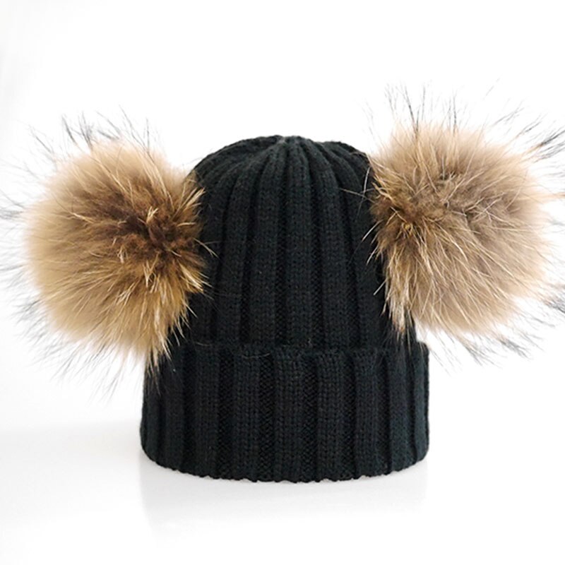 Volwassen Dubbele Bont Pompon Winter Hoeden voor Vrouwen Wol Blend Gebreide Heren Hoeden en Caps: blk natural pom