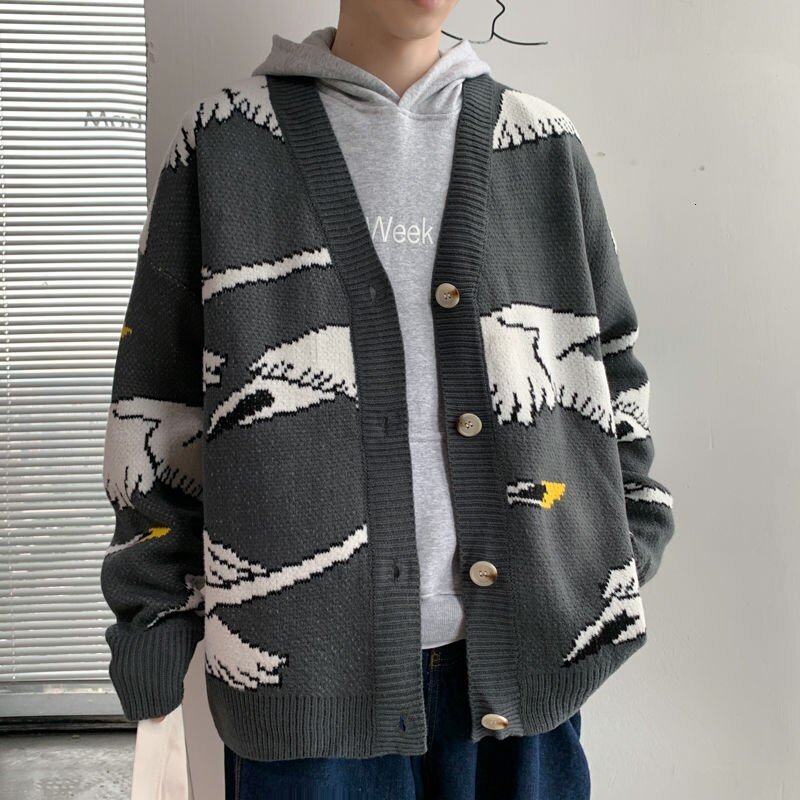 Strik til mænd cashmere cardigan sweater 4 farver frakker strikket tøj print afslappet i varme uld sweatere m -2xl: Sort / M