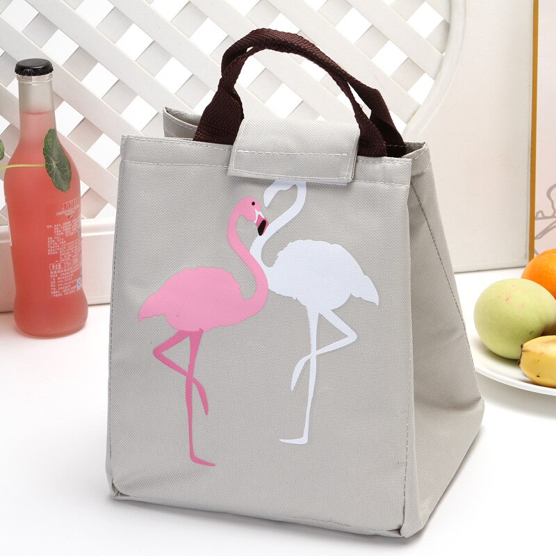 Portable Canvas Cold Proof Lunch Bag Student Cartoon Cute Aluminum Film Lunch Box: Grey flamingos