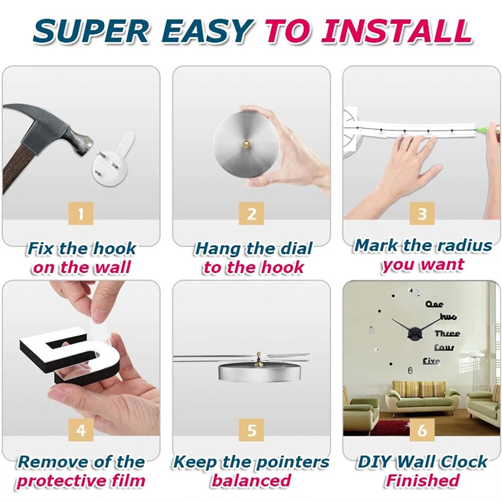 DIY 3D Modern Wall Clock Innovative Decorative DIY Mirror Acrylic Wall Sticker Clock DIY 3D Modern for Living Room Bedroom