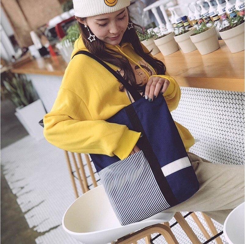 CORIOS Retro Women Handbag Multicolor Striped Canvas Tote Bag Large