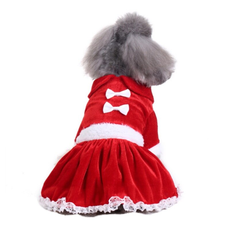 Vinter varm julekjole dejlig rød sløjfe hvalpe nederdel kæledyr hund blonder bomuld jule hund kostume yorkie chihuahua kattetøj