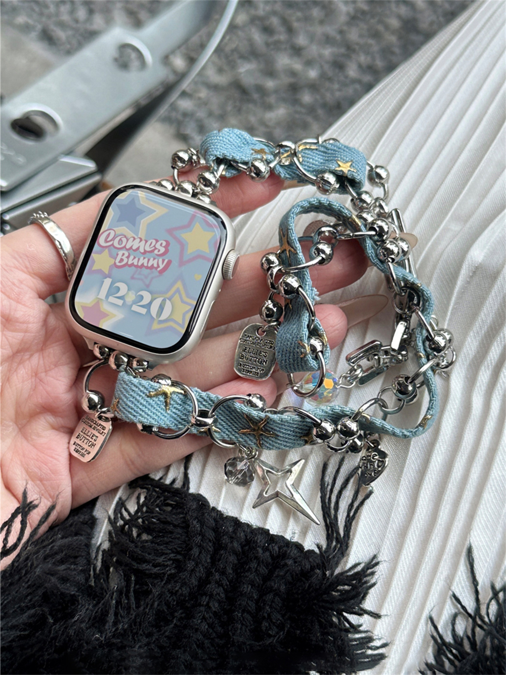 Y 2K Star Hanger Denim Lederen Band Voor Iwatch Ultra 2 9 8 7 6 5 4 Se Meisje Pols Armband Bandje Voor Apple Watch 41 40Mm 45 38 49