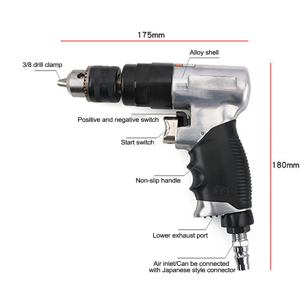 Pneumatic Reversible 3/8inch Air Drill 1800RPM Speed Air Drill Handheld Multipurpose Profession Tool