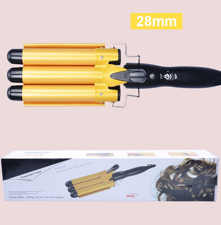 Pro 25-32m Automatic Perm Splint Ceramic Hair Curler Triple Barrels Big Wave Hair Curling Iron Hair Waver Curlers Styling Tools: Yellow 28mm