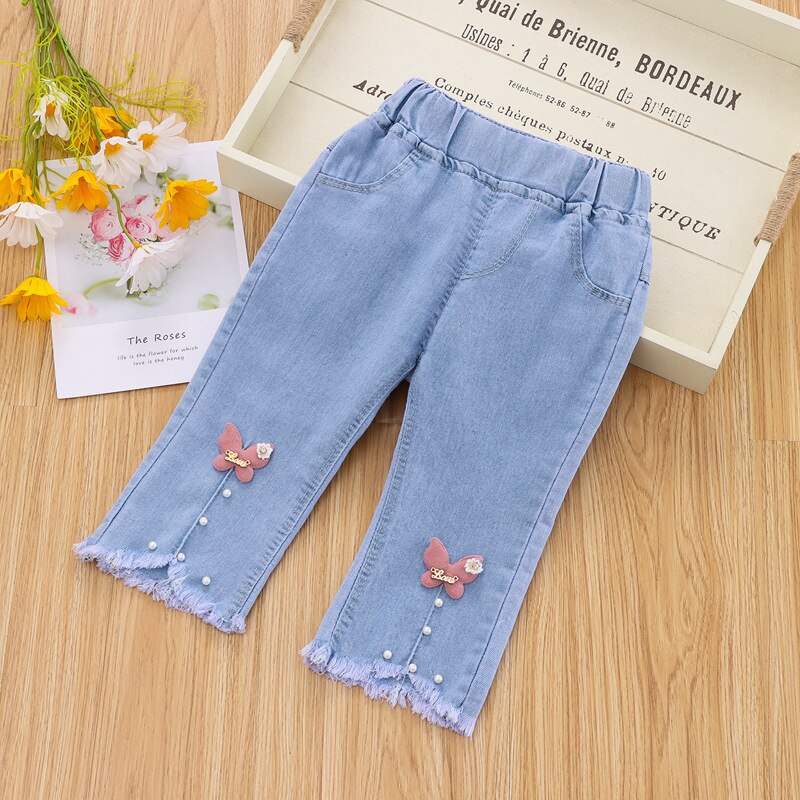 Girls Jeans 2022 Summer Clothes Children's Middle Pants Baby Girl Korean Version Loose Summer Thin Cropped Pants Jean: Butterfly / 18M 80cm