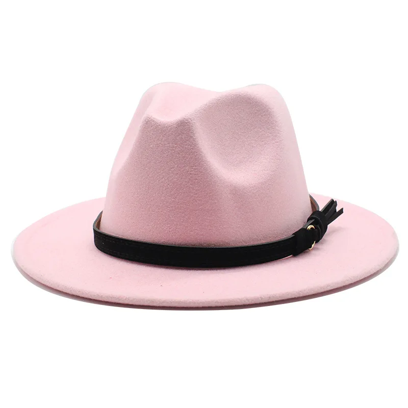 Sombrero Fedora de fieltro Gangster Trilby, gorras de Jazz de ala ancha europea americana, sombrero de boda blanco de lana para hombres y mujeres, 56-58-61CM: M / Rosa