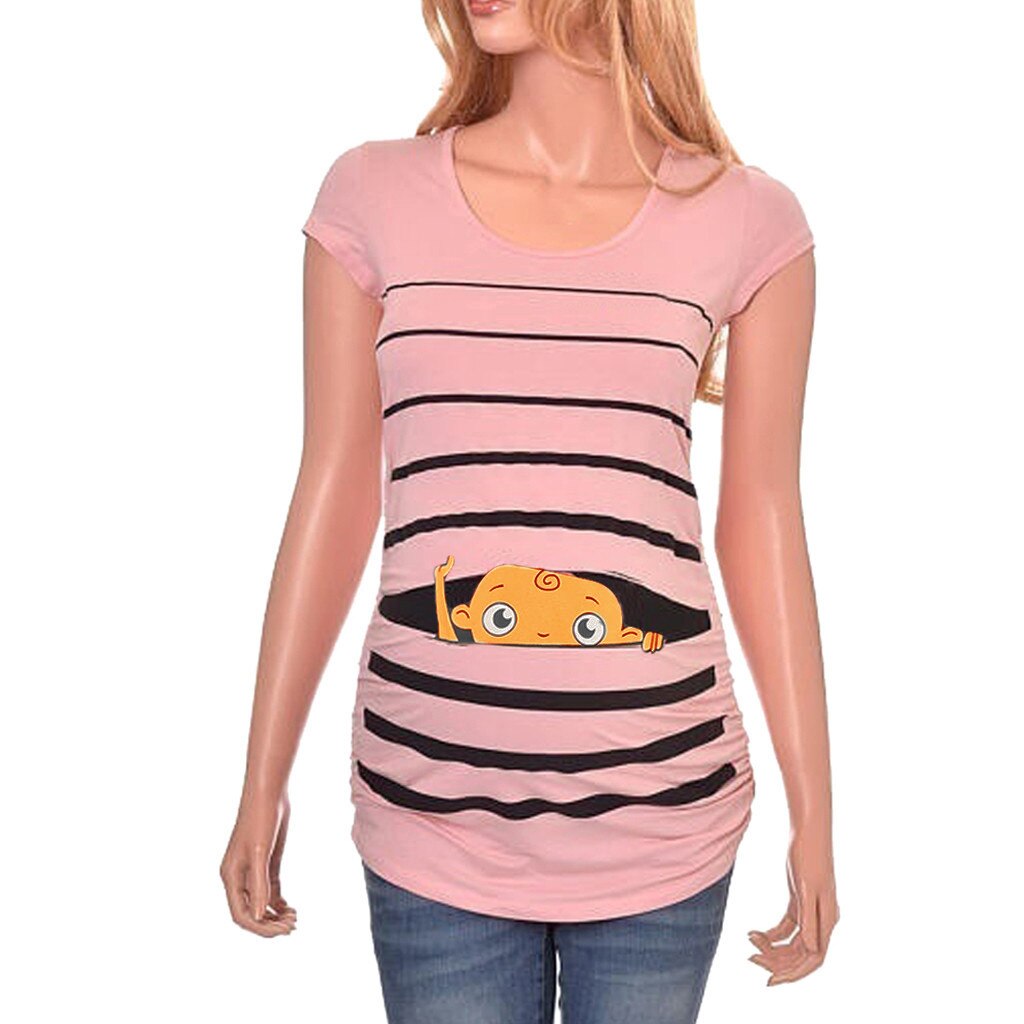 4 # Imprimé bébé blouse De Maternité Maternité Mignon Drôle Rayé Manches Courtes chemise Enceinte Hauts Enceinte chemise На Беременных: Rose / 3XL