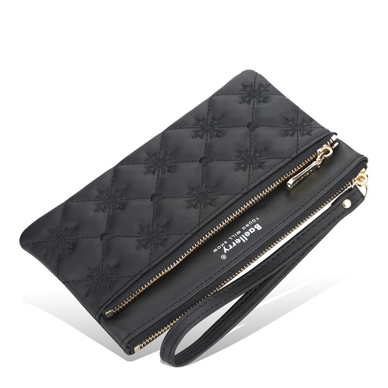 Cartera larga bordada coreana para mujer, bolso de mano de gran capacidad con cremallera, Cartera de: black