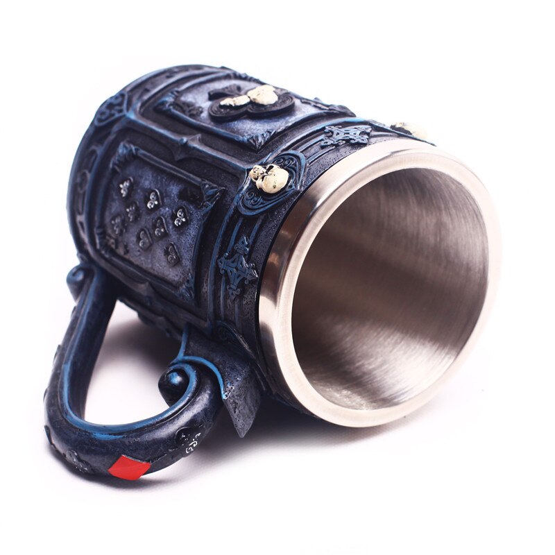 Skull Mug Poker Skull Maltese 3D Tankard 304 Stainless Steel Inner Punk Gothic Beer Mugs Cup Halloween Birthday 400mL