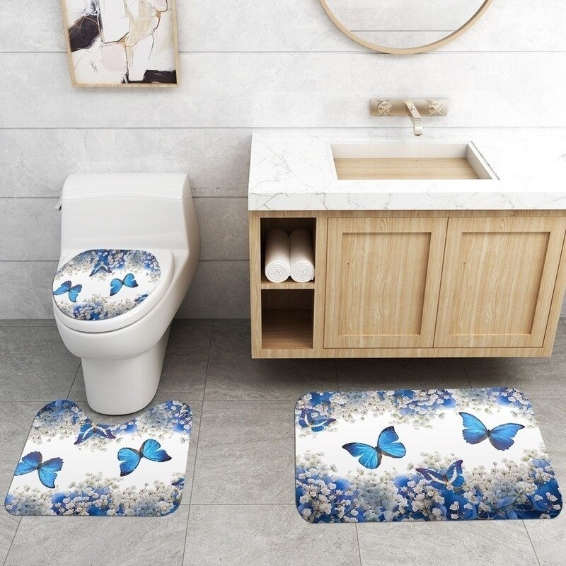 Golden Blue Butterfly Flower Polyester Waterproof Shower Curtain Bathroom Curtains Set Non-Slip Rug Toilet Lid Cover Floor Mats: 3 PCS Mats - B