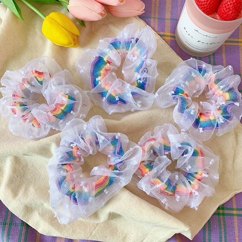 Corea mujeres elástico Kawaii bandas de encaje para el cabello Tie Girls Mesh Scrunchie coleta transparente Arco Iris accesorios para el cabello Headwe