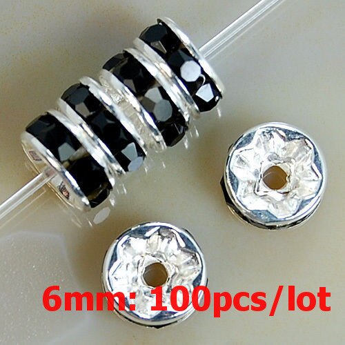 6mm 100 sztuk Metal srebrny Plated kryształ Rhinestone Rondelle koraliki dystansowe luzem koraliki dla DIY akcesoria do wyrobu biżuterii Supplie: Black