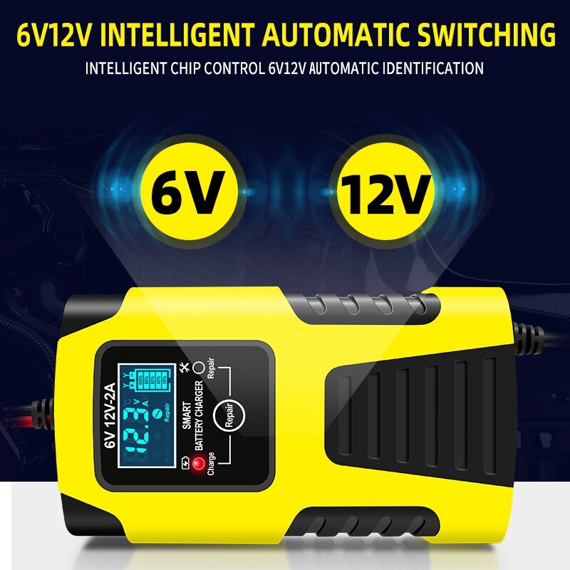 2A Universal Full Automatic Digital LCD Display Car Motorcycle Battery Charger 6V 12V Smart Battery Clips Starting Device