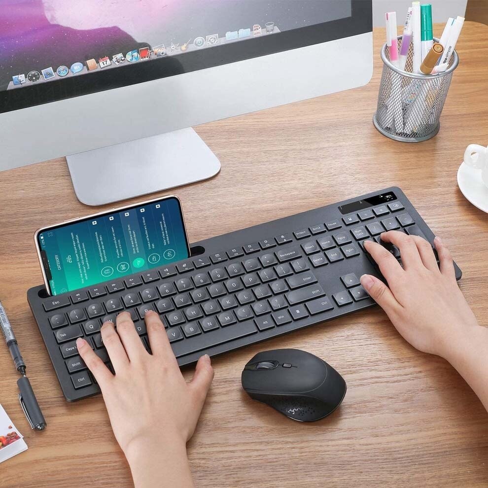 SeenDa 2,4G USB kabellos Tastatur mit Telefon Halfter für Computer Laptop Slinet Tastatur und Maus einstellen für Fenster iOS Android