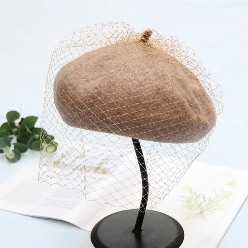 Baret Vrouwelijke Franse Hoed Plaid Wol Baret Met Sluier Voor Bruiloft Party Tweed Mesh Cap