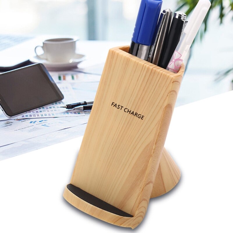 Qi Universele Houten Textuur Potlood Vaas Pen Houder Snelle Opladen Draadloze Oplader Stand Voor-Iphone-Samsung