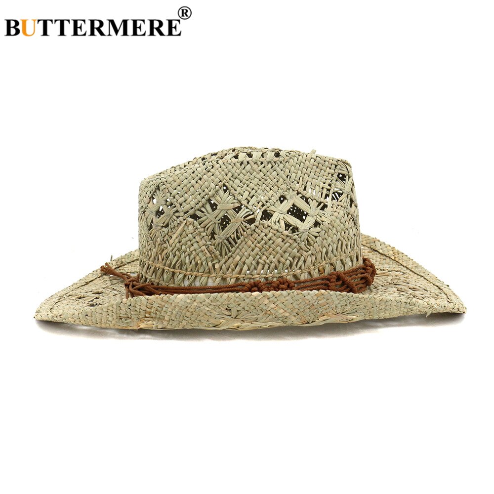 BUTTERMERE-Sombrero de vaquero occidental para hombre y mujer, sombrero para el sol hecho a mano, informal, de paja, ala ancha, accesorios de disfraz