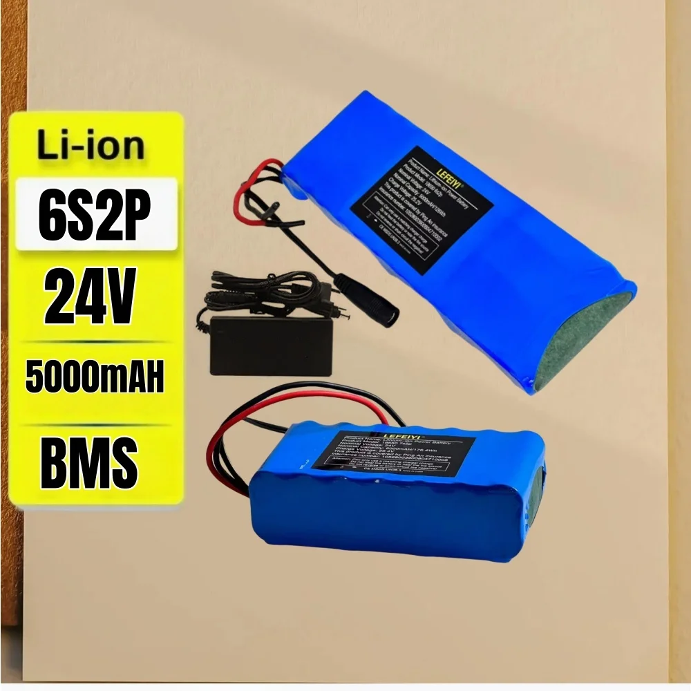 24v 6s2p 5000mah 18650 bateria de lítio com bms, adequado para motocicleta elétrica 24v equipamentos de acampamento + plugue opcional