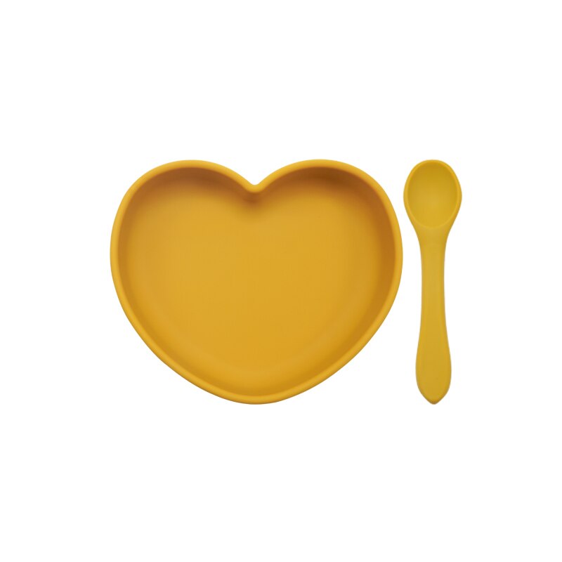 Plato de cena en forma de corazón con succión, juego de alimentación para bebé, cuchara de silicona pura, fácil de limpiar, sin BPA, para Baby Shower, novedad de 2022: 005-mstard