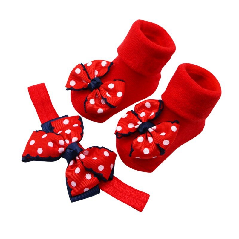 Chaussettes en coton antidérapantes pour bébés filles, 0-1T, ensemble de chaussettes mignonnes pour bébés filles, à Double couche avec nœud, avec bandeau pour cheveux: A