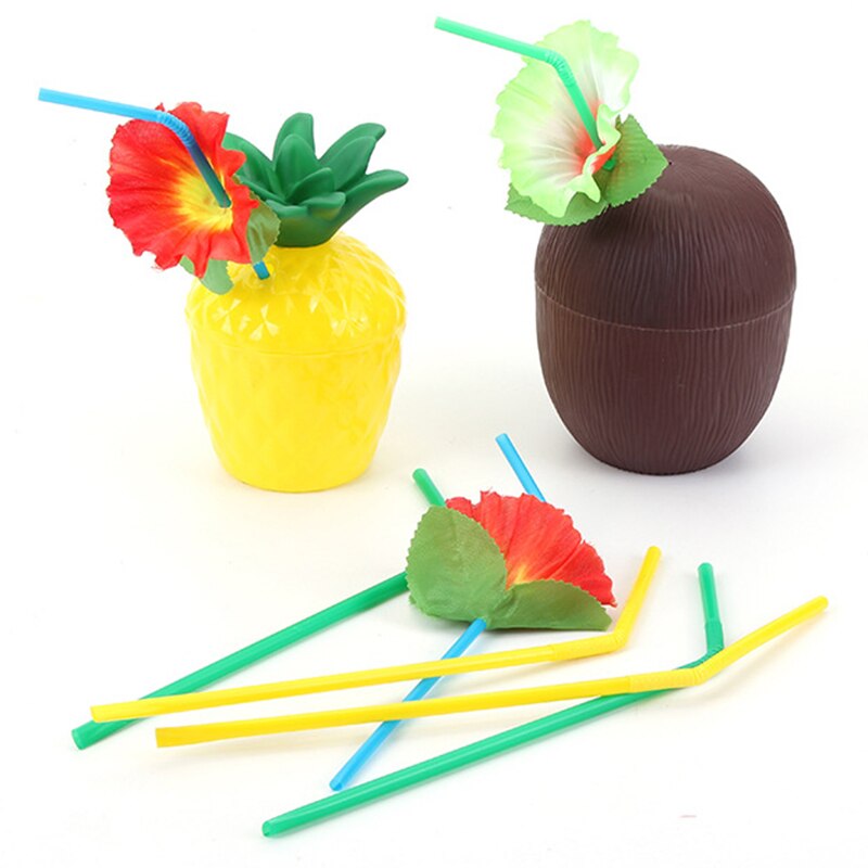 12Pcs/Lot Pineapple Coconut Cups Fruit Shape Juice Party Drinking Cups with Flower Straws for Hawaiian Luau Summer Beach Party: Default Title