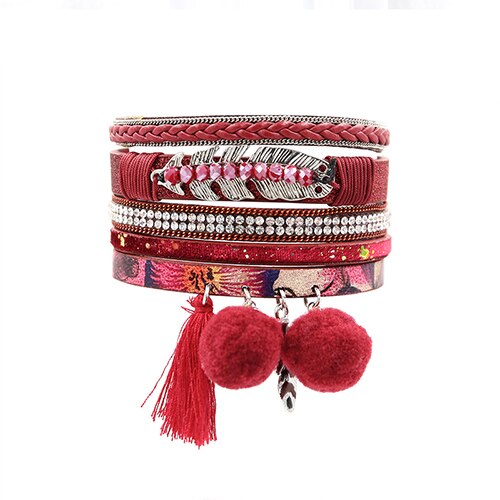 STRATHSPEY – ensemble de bracelets en strass pour femmes, plusieurs rangées, pompon, boule de fourrure, PU mousse, Bracelet, perles feuille d&#39;or, pendentif Olive: Red