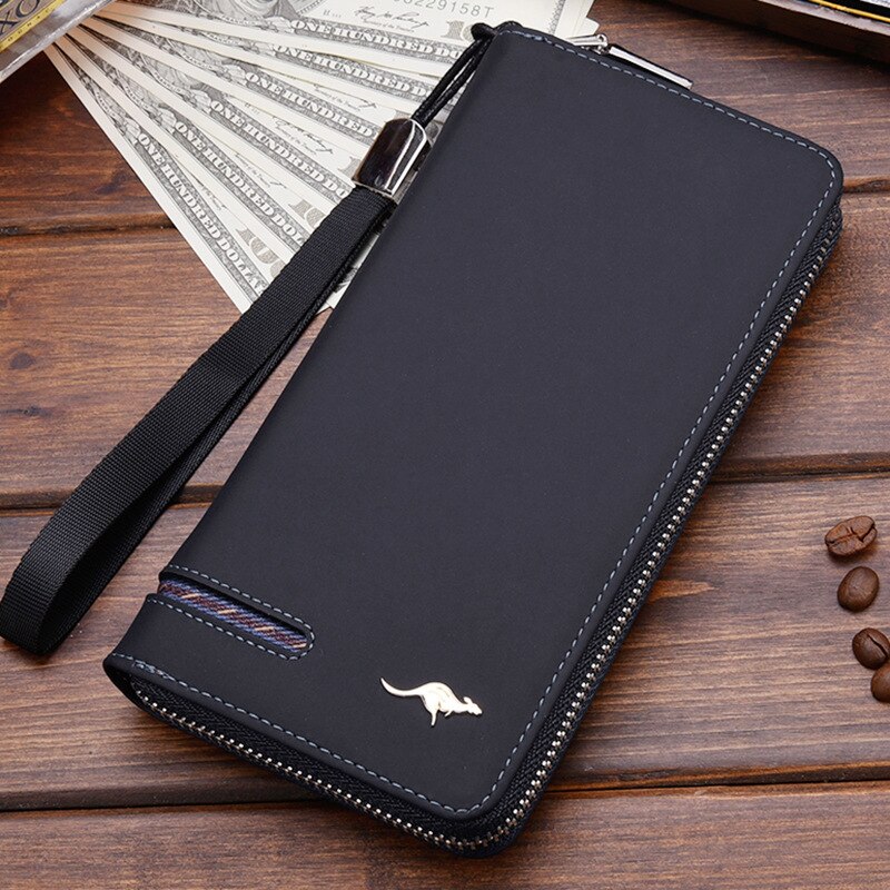 Men&#39;s Leather Wallet Zipper Long Purse Big Capacity Clutch Phone Bag Wrist Strap Coin Purse Card Holder For Male: Black C