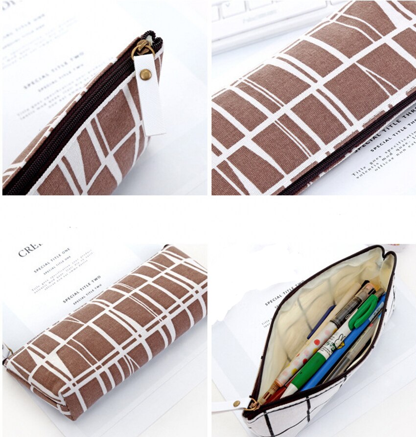 Zipper Pencil Case Bags School Striped Grid Solid Color Pencil Bag Pouch Office Kids Supplies Primary Students Birthday